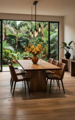 Fototapeta premium Cozy dining room with wooden table modern chandelier and lush