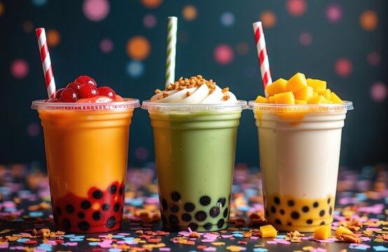 Three colorful boba tea drinks with varied toppings sit on a table covered in confetti. Each cup holds chewy tapioca pearls and a unique blend of fruit and creamy mixtures, ready for enjoyment.