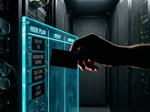 Hand managing data deployment node plan on transparent digital screen, showcasing IT project workflow in secure server room, embodying modern technology and operational strategy