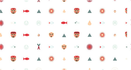 Fototapeta premium Seamless tribal pattern with cultural masks, fish, sun symbols and geometric decorative elements