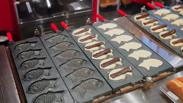 Tokyo, Japan - Oct 14 2024, 4k, close-up view of wide cast-iron frying pan with molds used to fry traditional Japanese fish-shaped treats called taiyaki at Tokyo street cafe, without people, Tokyo, Ja