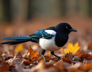 Naklejka premium Magpie bird with black white blue feathers walks on autumn forest floor. Bird pecks among brown dry leaves seeking food acorns nuts. Animal wild nature scene.