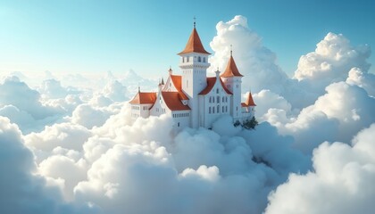 Obraz premium White medieval castle with orange roof tops rests on fluffy clouds. Blue sky above with more white clouds. Majestic structure in serene heavenly landscape.