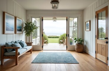 Fototapeta premium Open doors reveal ocean view from bright beach house entry. Light wood floors, blue rug, sofa, and plants create calm, airy feel. Farmhouse style entryway with coastal decor.