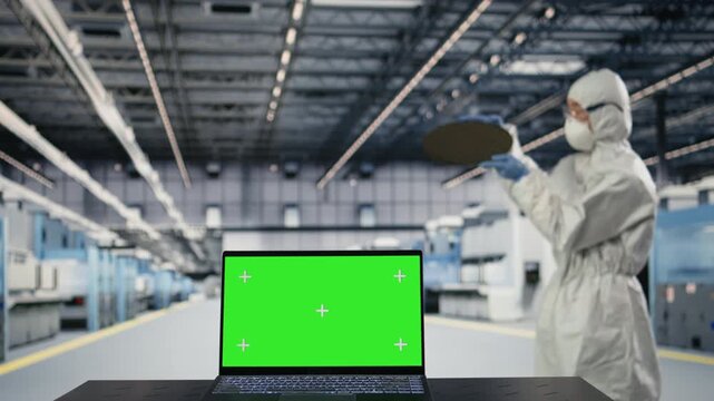 Isolated screen laptop used by industrial microchip fab technician assessing hardware fabrication schedule. Professional uses chroma key notebook to oversee semiconductor manufacturing plant, camera A