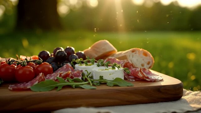 Luxurious Outdoor Charcuterie Appetizers with Golden Hour Sunlight and Meadow View