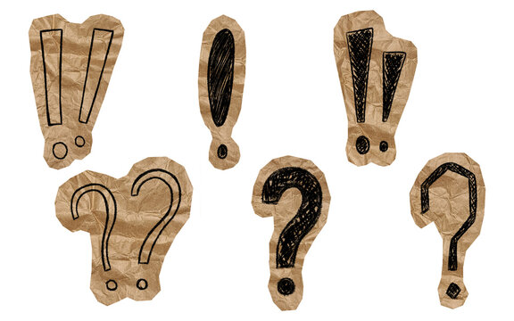 Hand-drawn exclamation and question mark set on torn kraft paper cutouts for scrapbooking. Collection of doodle punctuation stickers. DIY zine elements on transparent background