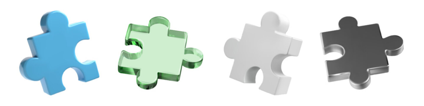 3D puzzle pieces set. Jigsaw icons isolated on white bg. Business team solves problem. Glass, metal and plastic parts connect. Abstract strategy to join partner task. Isometric creative idea build.