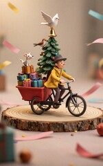 Fototapeta premium Holiday cyclist with dog Christmas tree and gifts on a wooden slice.