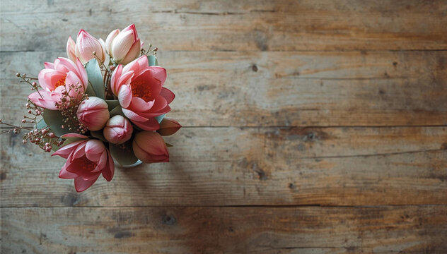 Pink lotus flowers in a glass vase on a rustic wooden table top view with copy space.