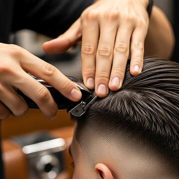 Close-up of professional barber cutting young man's hair with electric clippers.