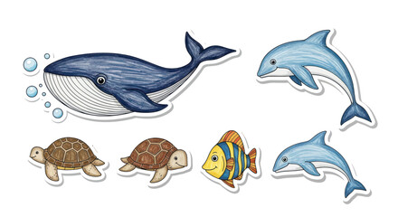 Obraz premium Cute Cartoon Sea Creatures Collection: Whale, Dolphin, Turtle, Fish