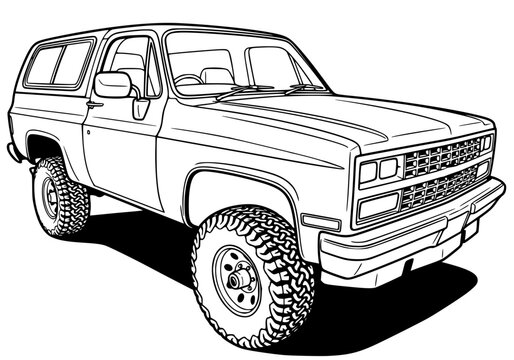 Classic 4x4 Off-Road SUV Illustration, Vintage Two-Door Adventure Truck Line Art Vector