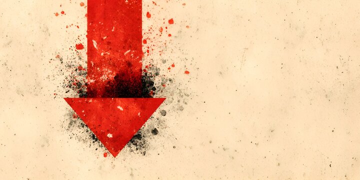 Downward pointing arrow painted in red with a grunge style splattered effect on a beige vintage paper texture background showing direction and loss.