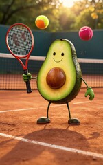 Obraz premium A cute avocado character holds a tennis racket on a sunny clay court.