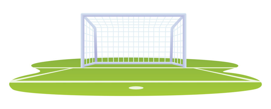 Football goal post on green grass field pitch under white background. Vector cartoon illustration
