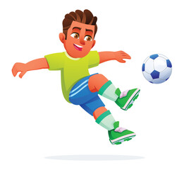 Obraz premium Boy athlete in mid-air kicking soccer ball during sports practice session. Vector cartoon character illustration