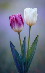 Fototapeta premium Purple and white tulips bloom gracefully against a soft dreamy