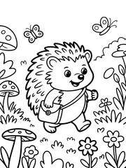 Fototapeta premium Adorable Hedgehog's Journey: A charming monochrome illustration presents a cheerful hedgehog on an enchanting woodland adventure. The little creature, with a bag slung over its shoulder.