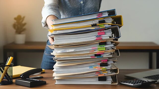 An overwhelmed professional holds a precariously stack of colorful binders and paper documents, symbolizing a heavy workload, extensive administrative tasks, or complex responsibilities in an office