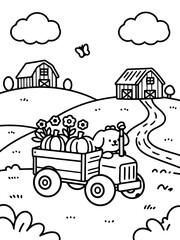 Naklejka premium Whimsical Farm Harvest: An adorable dog drives a tractor filled with pumpkins and flowers along a winding road, with two barns standing watch under a cheerful sky.