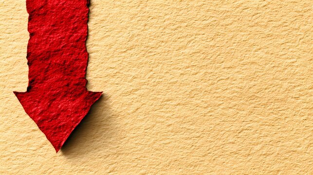 A textured red arrow points downward on a rough tan surface suggesting financial loss or a downward trend in business performance quickly.