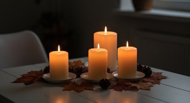 Lit pillar candles illuminate a table centerpiece with autumn leaves & pine cones