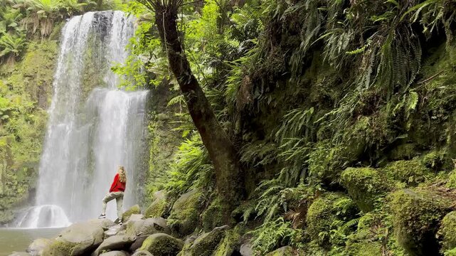 Girl adventurer stands on rock and admires the powerful Beauchamp Falls, surrounded by lush vegetation, located in Great Otway National Park, Victoria, Australia. Stunning waterfalls in the Otways reg