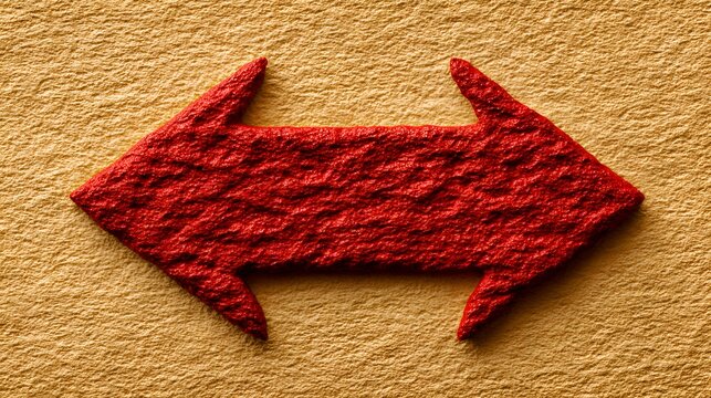 A textured red double arrow pointing in opposite directions against a beige textured background is shown in this conceptual image.