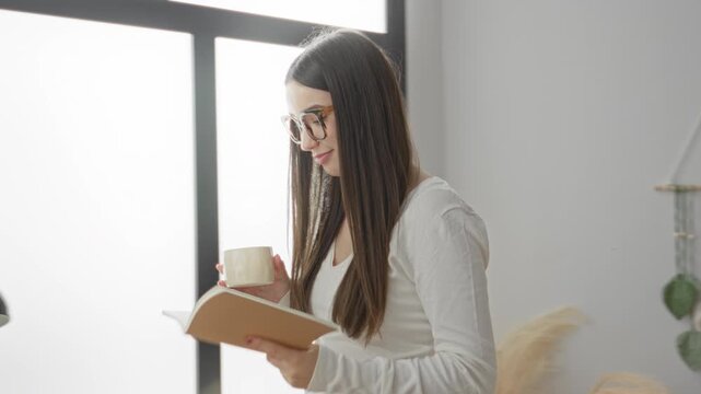 Young woman student with glasses holds a coffee mug and reads a book, then leans toward a laptop at a desk beside a large frosted window in a studio; concentration.