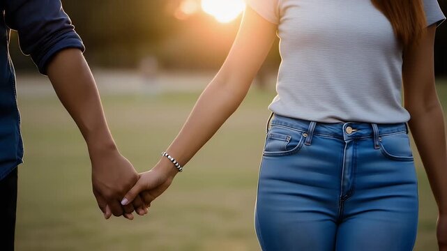 A loving couple walks hand in hand through a sunlit field, symbolizing their deep affection, connection, and the beautiful journey they share together in the warmth of the evening.
