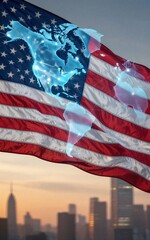 Naklejka premium American flag waves over global map city skyline at sunset.