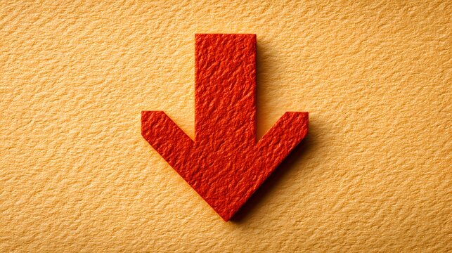A vibrant red arrow points downward on a textured beige background suggesting direction decrease or decline in a simple and graphic way.
