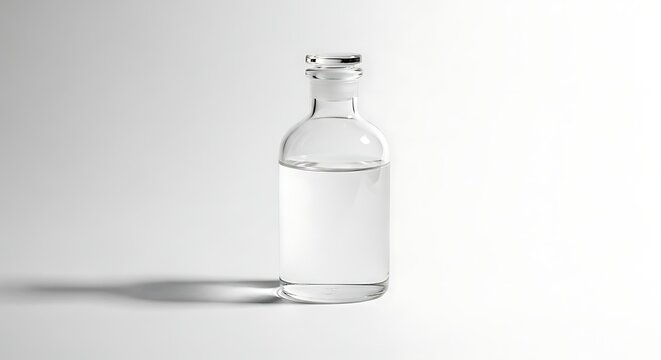 Clear laboratory glass bottle with transparent liquid on white background, soft shadow, minimal scientific product photography, clean and professional look.