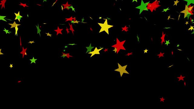 Confetti of stars falling in bold red, yellow, and green colors on black background for Juneteenth, or Freedom Day, to commemorate the ending of slavery June 19th 1865 in the United States of America.