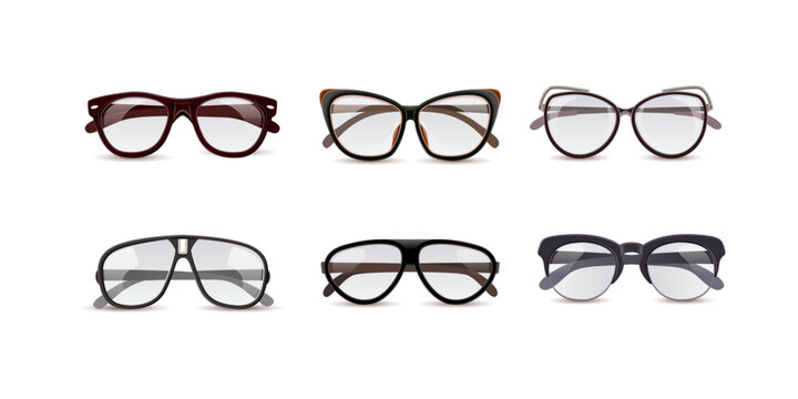 Collection of eyeglasses in realistic style with various modern optical frames isolated on transparent background vision care fashion accessory set for branding display design