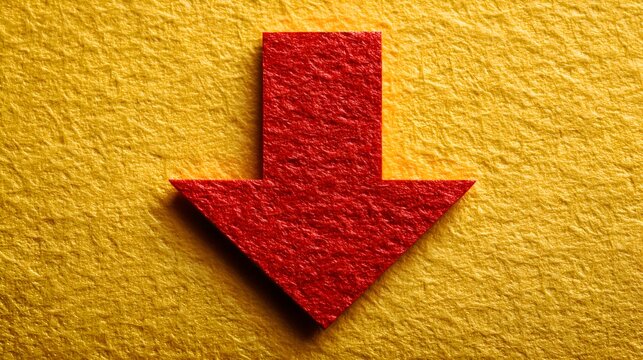 Vivid red downward arrow pointing directly down on textured bright gold background indicating drop decrease reduction or fall in business concept.