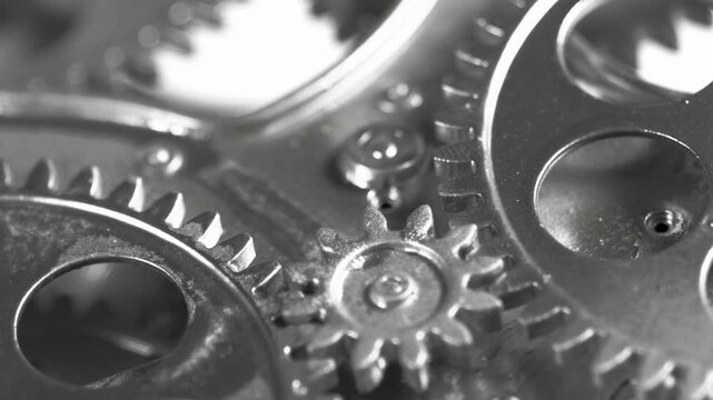 Detailed high-contrast view of rotating gears. Perfect for concepts of logic, clockwork precision, and industrial systems.