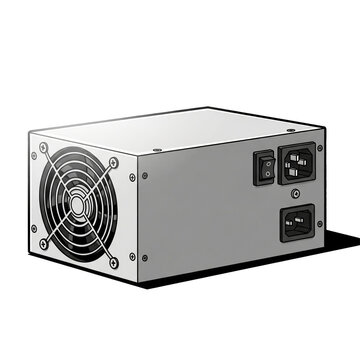 Computer power supply unit (psu) with fan, switch, and connectors - technical illustration