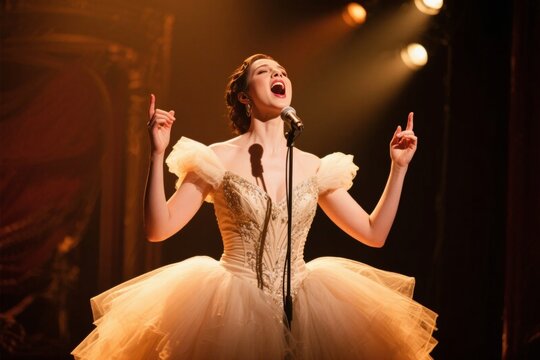 A woman in a white ballerina-style dress performs passionately on stage with a microphone, arms raised and mouth open in song.