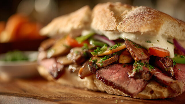 Close-up of Traditional Uruguayan Chivito Sandwich with Beef Steak, Egg and Fresh Vegetables