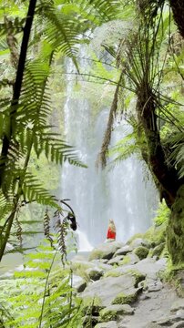 Girl adventurer stands on rock and admires the powerful Beauchamp Falls, surrounded by lush vegetation, located in Great Otway National Park, Victoria, Australia. Stunning waterfalls in the Otways reg