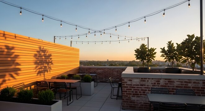 A modern rooftop patio with string lights and outdoor seating, featuring wooden and brick elements under a beautiful sunset sky.