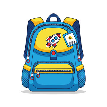 Cheerful blue backpack with yellow accents, featuring a rocket and sun tag