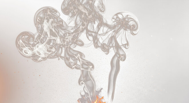 White smoke explosions and floating ember dust patterns capturing the essence of fire and smoke in slow motion.