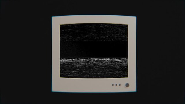 old desktop computer monitor on black background, with glitch effect