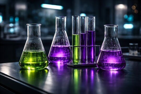 Glowing green and purple liquids fill assorted laboratory glassware, showcasing scientific discovery, chemistry, and experimental research in a dark lab setting.