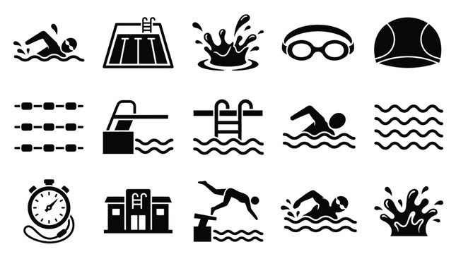 Collection of black and white icons representing various aspects of swimming and aquatic sports, including swimmers, pools, diving, and equipment.
