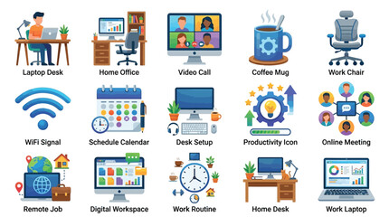 Fototapeta premium A collection of icons representing various aspects of remote work, including home office setups, video calls, and digital tools for productivity.