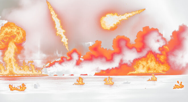 Red smoke explosions and fiery ignition points highlighting the intensity of a cinematic action or sports scene.